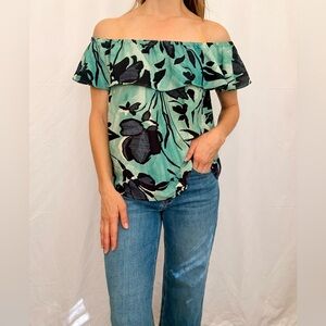 Anthropologie Maeve flutter sleeve off the shoulder green and blue floral top